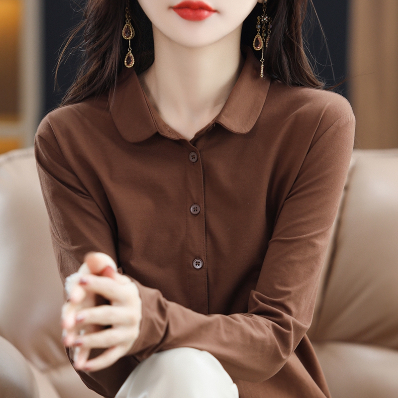 Comfortable Stretchy Combed Cotton Long-Sleeve Shirt for Women, Unique Design, Professional Style, Polo Collar Base Shirt, New Comfortable Stretchy Combed Cotton Long-Sleeve Shirt for Women, Unique Design, Professional Style, Polo Collar Base Shirt, New