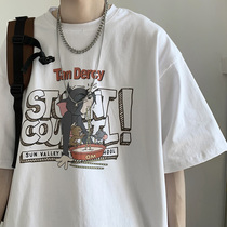 Summer Short Sleeve White T-Shirt Boy Tide Cards Easy Round Collar Big Code Cartoon Printed Harbor Windlovers Compassionate