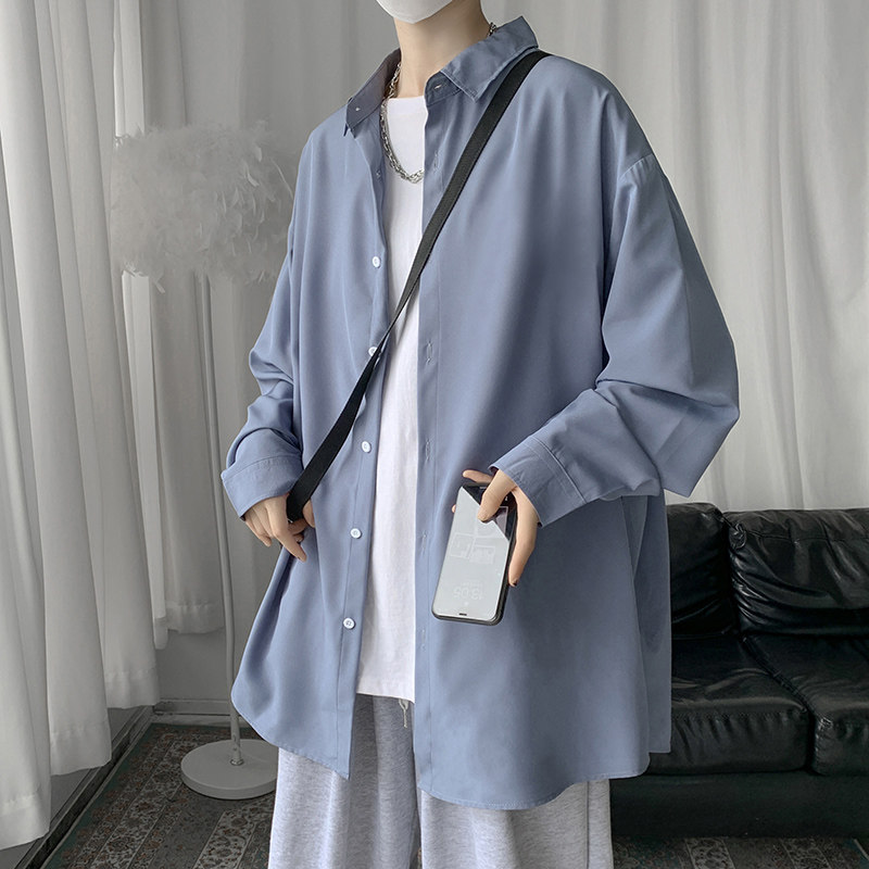 Ice Silk Long Sleeve Shirt Boy Fall Tide Signs Ins Loose Large Size Yard Pure Color Casual Handsome 100 lap shirt jacket