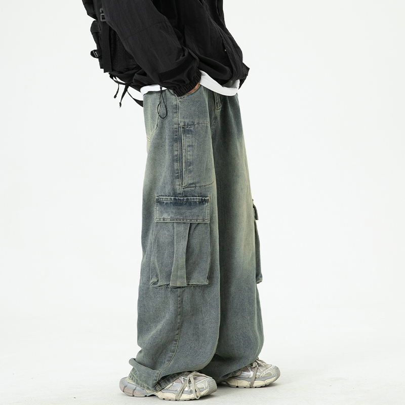 Men's Wide-Leg Workwear Jeans, American Style Trendy Brand, Large Pockets, Loose Pants, Washed Vintage High Street Floor-Length Trousers Men's Wide-Leg Workwear Jeans, American Style Trendy Brand, Large Pockets, Loose Pants, Washed Vintage High Street Floor-Length Trousers