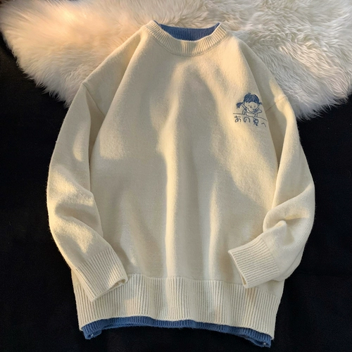 Демисезонный свитер, мультяшный трикотажный комплект для влюбленных, с вышивкой, свободный крой