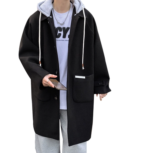 Tide, японское демисезонное шерстяное пальто, толстовка с капюшоном, черный плащ для отдыха