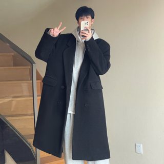 Mid-Length Black Woolen Coat for Men, Autumn and Winter, Retro British Style, Over-The-Knee Trench Coat, High-End, Handsome Woolen Jacket