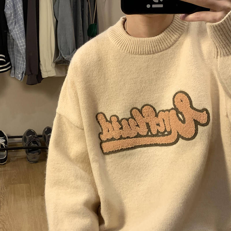 Crewneck sweater men autumn winter Hong Kong style vintage lazy knit shirt tide brand flocked loose college style pull-over line gown