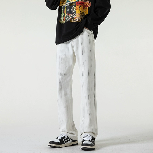 Летние джинсы, черные штаны, повседневные брюки, в американском стиле, свободный прямой крой