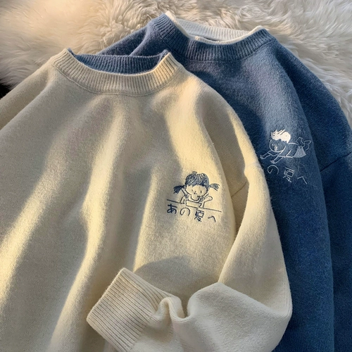 Демисезонный свитер, мультяшный трикотажный комплект для влюбленных, с вышивкой, свободный крой