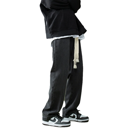 Джинсы для отдыха, штаны, в американском стиле, на шнурках, на резинке, оверсайз, свободный прямой крой