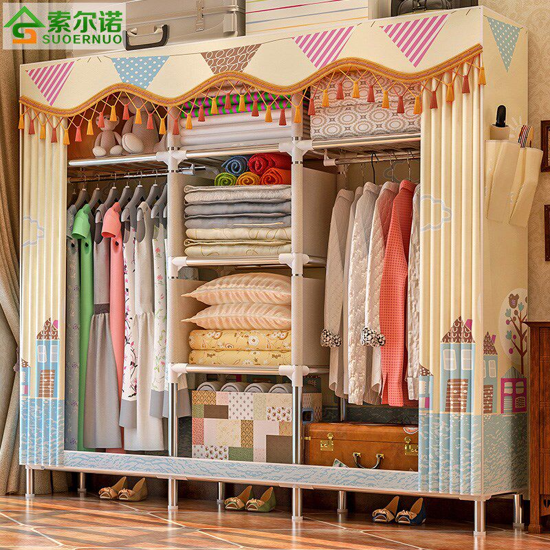 Simple wardrobe Simple modern economical cloth cabinet Steel pipe thickened reinforced all-steel frame double fabric storage cabinet