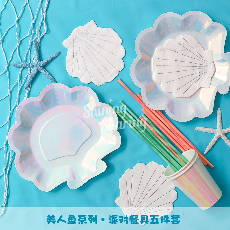 Squared Party Mermaid Themes for Birthday Parties Disposable Tableware Dazzling Shells Cake Paper Tray Suit