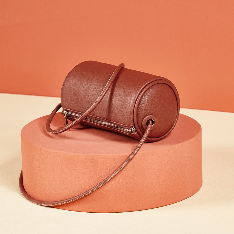 Cylindrical bag Girl small number inclined satchel leather pillow bag small crowdsourced single shoulder bag woman bag Jane about fashion cow leather bag bag