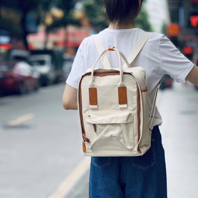 Canvas with cowhide backpack Japanese Harajuku backpack female large capacity student schoolbag handbag all-match casual