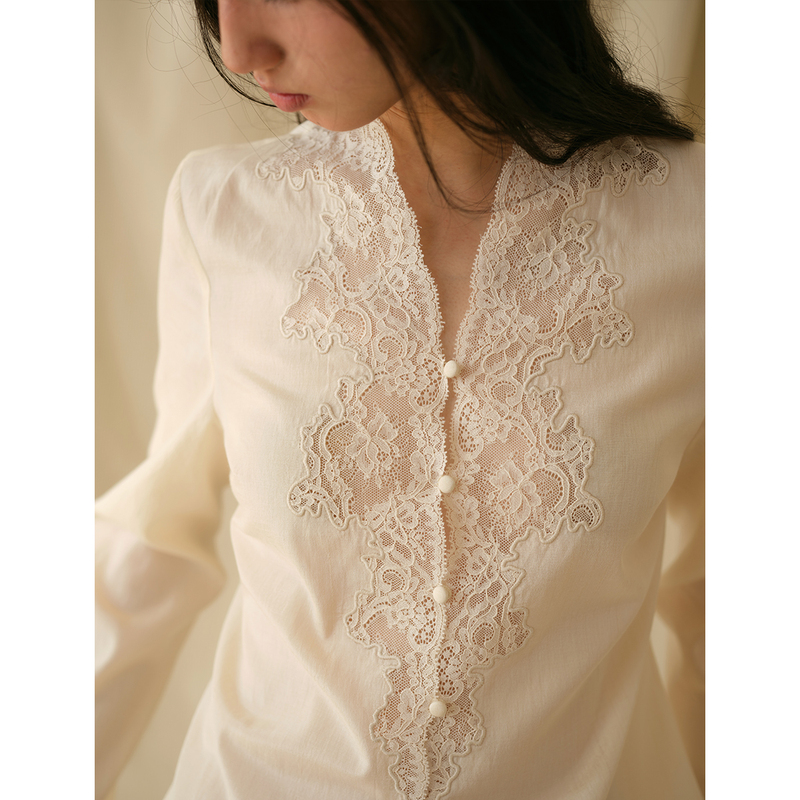 Commuse Memory『Warm and Self-Contained』Heavy Lace Positioning Embroidery Silk Cotton Shirt for Women Autumn Top