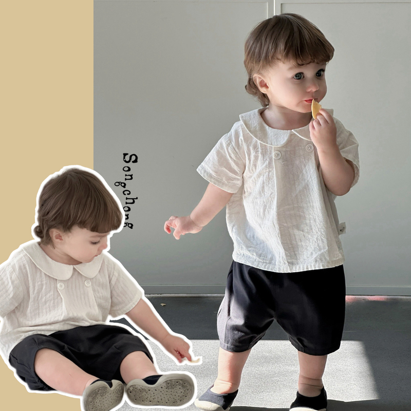 Songchong Genuine Summer New Cute Lapel Shirt and Shorts Set for Boys and Girls, Korean Style Trendy Two-Piece Set