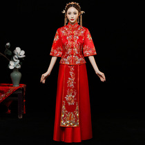 2021 show c Wo clothing 2021 new embroidered satin rich flower single floating bride wedding dress Chinese wedding dragon and phoenix coat