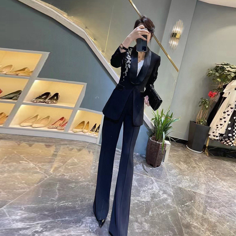 High-end fried street salt series high-end embroidered suit jacket women's micro-flare pants temperament acetate collar stitching suit suit