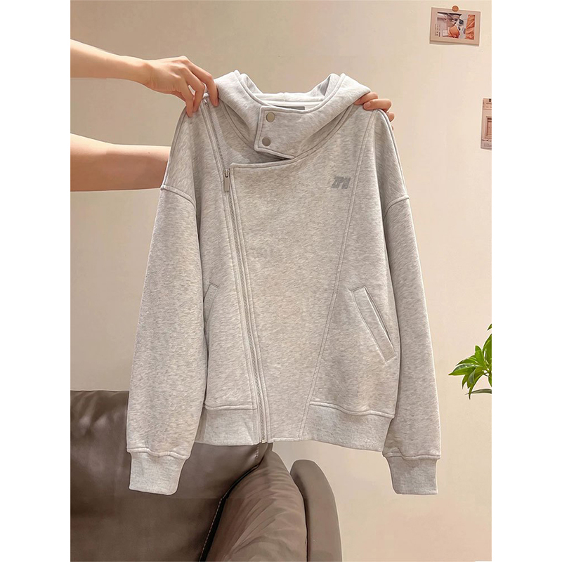 Unique Design for Young Mothers: Irregular Zipper Hooded Sweatshirt for Women, Loose Cardigan Jacket for Autumn and Winter, Trendy Unique Design for Young Mothers: Irregular Zipper Hooded Sweatshirt for Women, Loose Cardigan Jacket for Autumn and Winter, Trendy