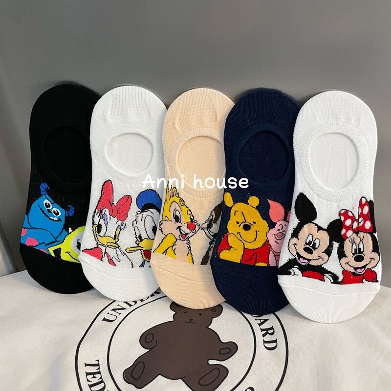 Pure Cotton No-Show Socks for Women, Cute Cartoon Design, Low-Cut Summer Socks, Non-Slip, No-Show, Silicone Invisible Korean Style ins