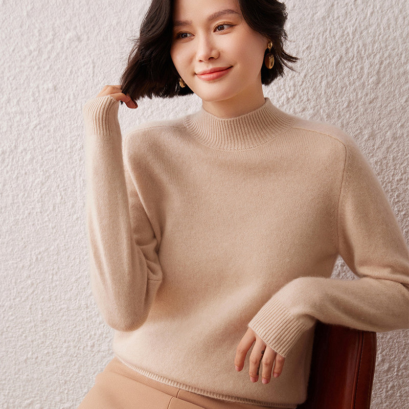 简约百搭山羊绒衫女半高领宽松纯色软糯毛衣时尚羊毛衫针织衫打底