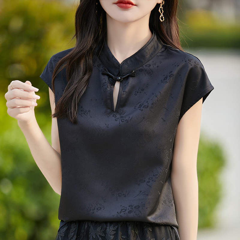 Design-Inspired Retro Chinese-Style Short-Sleeved T-Shirt for Women, New Chinese-Style Button-Up Loose Shirt, Silky Satin Imitation Silk Top Design-Inspired Retro Chinese-Style Short-Sleeved T-Shirt for Women, New Chinese-Style Button-Up Loose Shirt, Silky Satin Imitation Silk Top