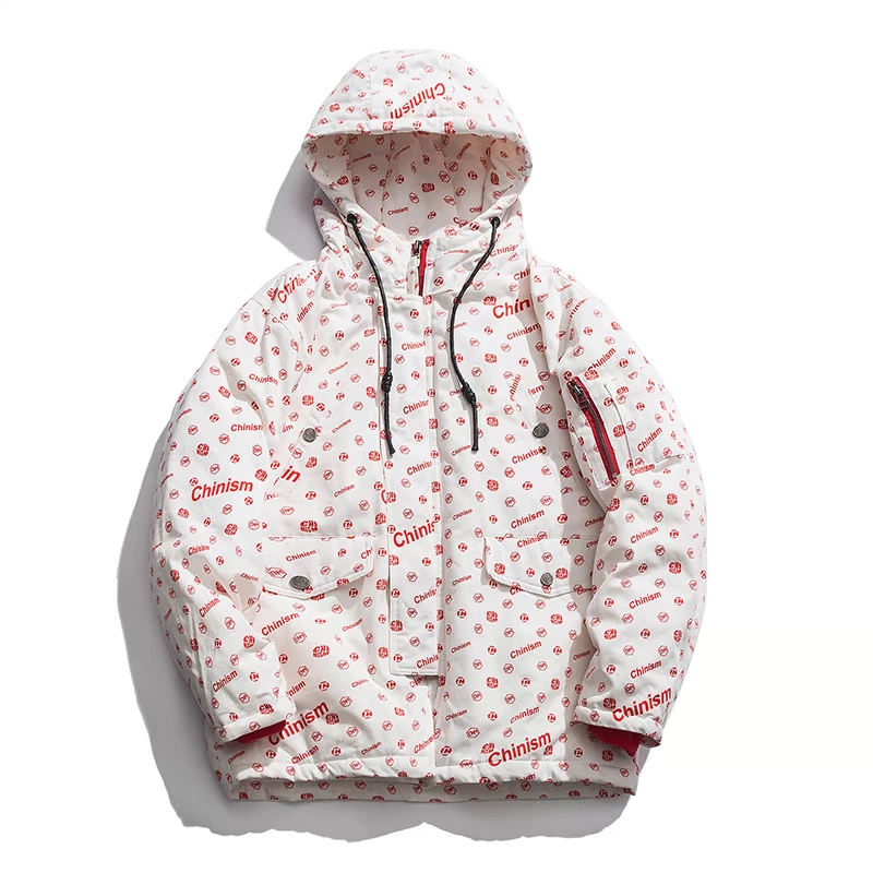 CHINISM Tay áo nam Zipper Pocket Pocket Chữ thường đệm đầy đủ In áo khoác trùm đầu lỏng lẻo