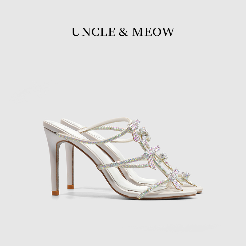 Charming Bow-Knot French-Style Rhinestone Bow High-Heeled Sandals for Women Roman High Heels