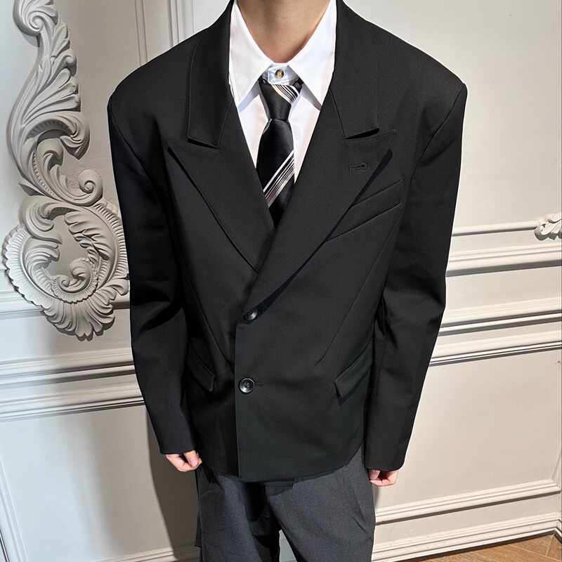 Ice up High-End Blended Wool Two-Way Loose Shoulder-Padded Vibe Black Casual Short Blazer Jacket