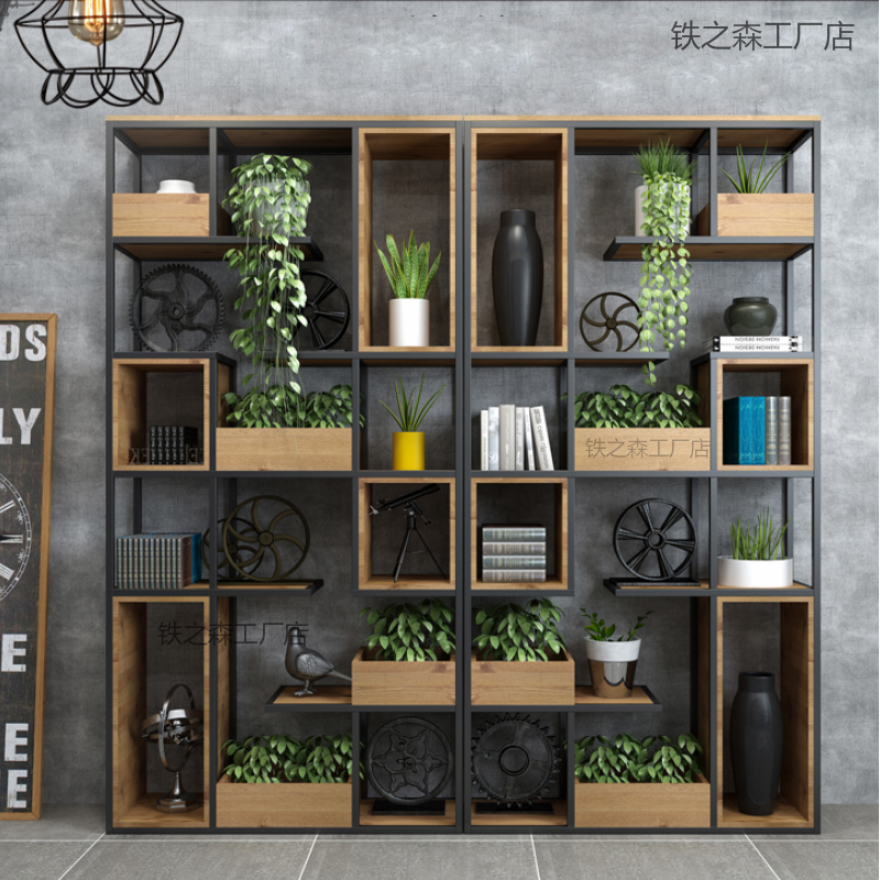 Iron wood partition office living room dining room industrial wind screen flower stand display stand porch company Shelf