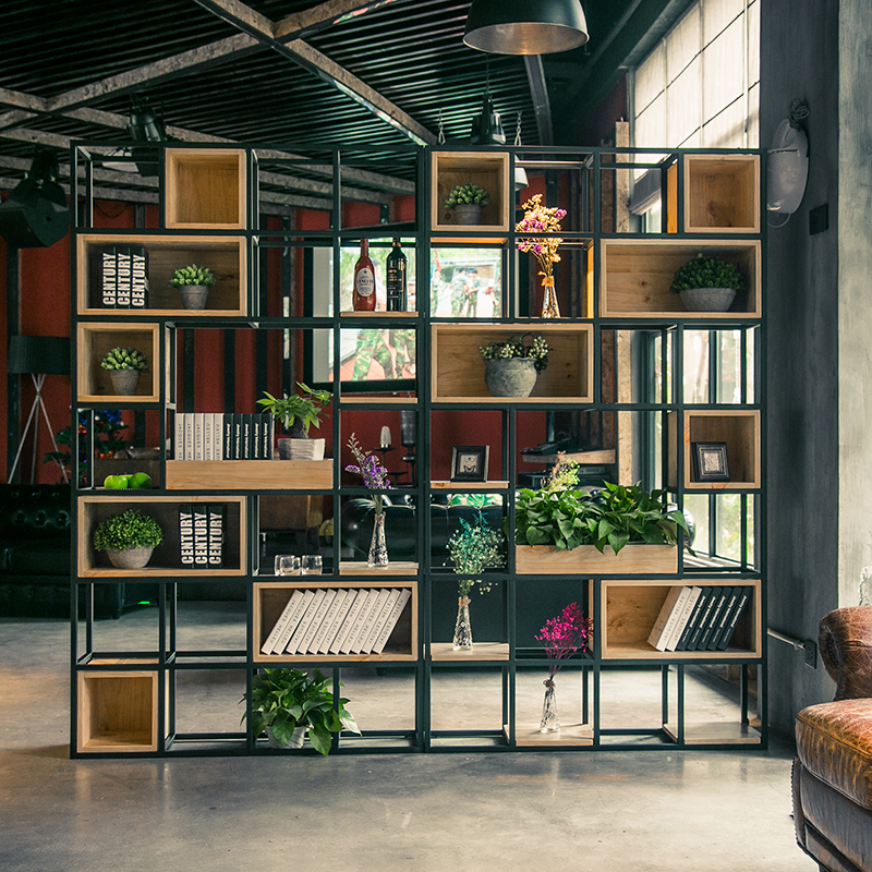 American-Style Wrought Iron Vintage Partition Shelf Living Room Bookshelf Grid Shelf Solid Wood Box Shelf Screen Display Loft Shelf American-Style Wrought Iron Vintage Partition Shelf Living Room Bookshelf Grid Shelf Solid Wood Box Shelf Screen Display Loft Shelf