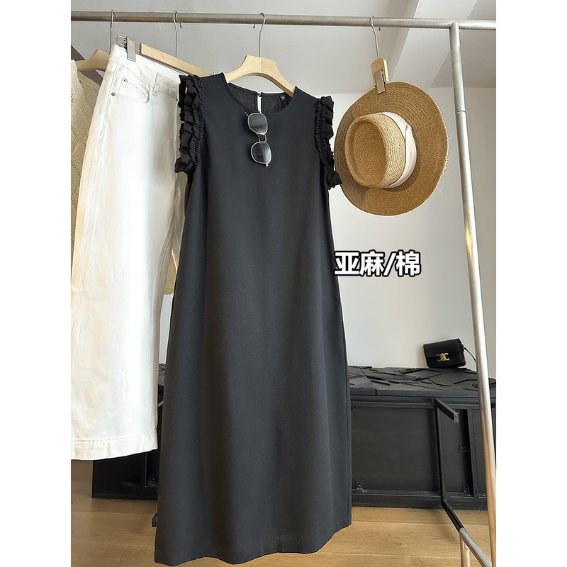 70% Linen! Bargain! Elegant Sleeveless Little Black Dress, High-End Long Dress, Linen Blend French-Style Dress, Long Dress