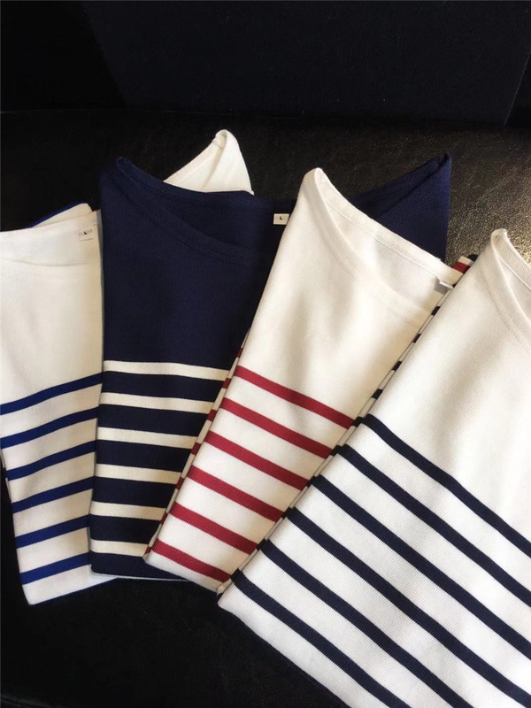 Foreign Trade Surplus Export to Japan Classic Versatile All-Time Striped Knit Cotton Navy Style Long-Sleeve T-Shirt for Women Autumn