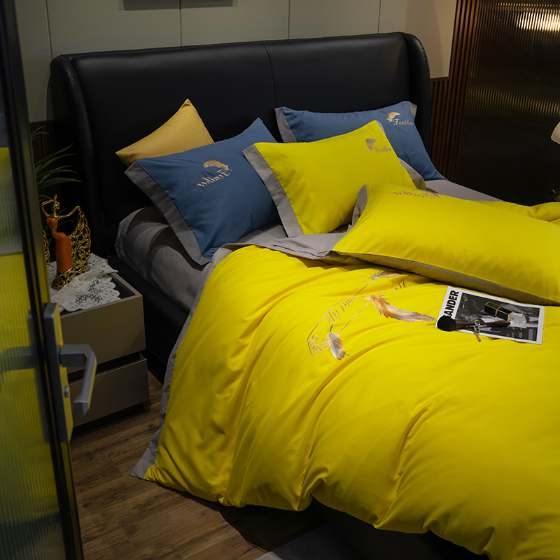 Xiaohongshu recommends feather-colored glazed embroidery four-piece bed set solid color quilt cover cotton pure cotton bed bag bedding