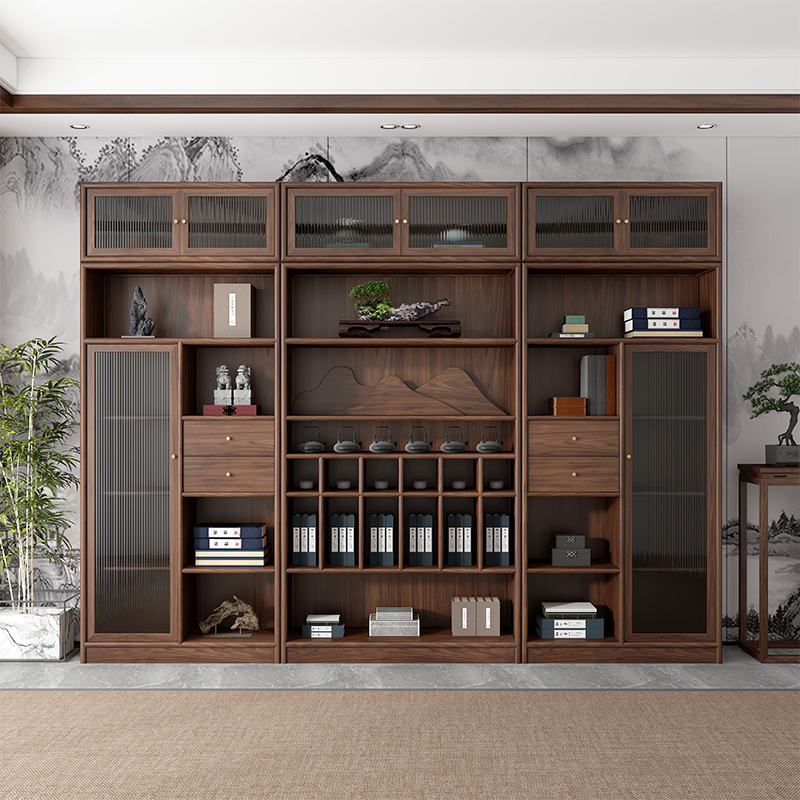 New Chinese-Style Walnut Display Cabinet Solid Wood Bookshelf Combination Boss Office Study Zen Display Cabinet Decorative Cabinet