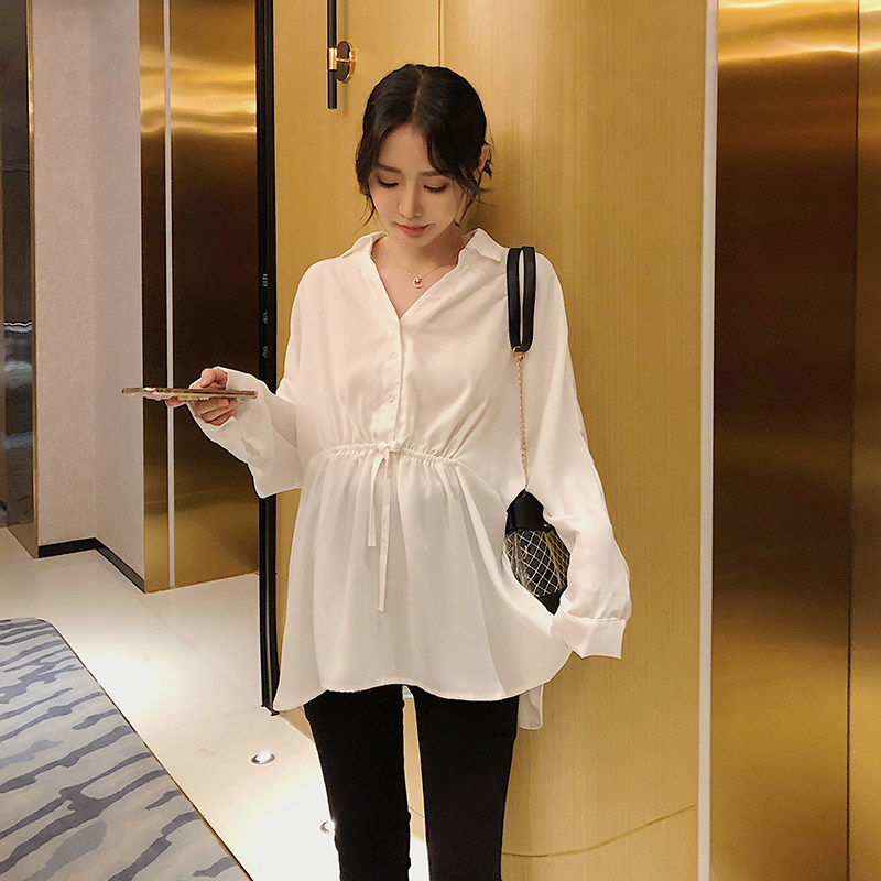 Pregnant women white shirt spring short long-sleeved spring and autumn women's loose top summer belly cover Korean version of professional clothing