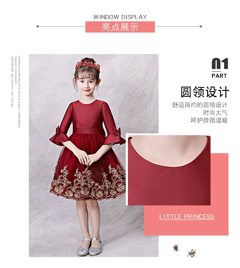 Váy bé gái màu đỏ dài tay dày dạ hội trình diễn thời trang trẻ em trình diễn trang phục hoa công chúa váy công chúa mùa thu đông