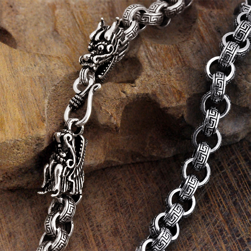 S925 silver overbearing gas double tap pure silver necklace Thai silver retro tattoo back tattoo Great Wall tattoo men's coarse personality 8mm necklace