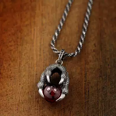 S925 sterling silver dragon claw pendant Thai silver tide men personality retro pomegranate red European and American tide people dragon claw pendant domineering