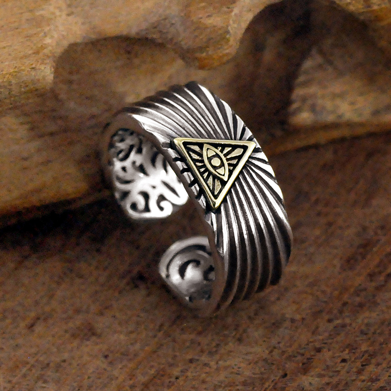 925 Silver Eye of God Men's Hipster Eye of Horus Eye of Providence Mesh Jade Ring Sterling Silver