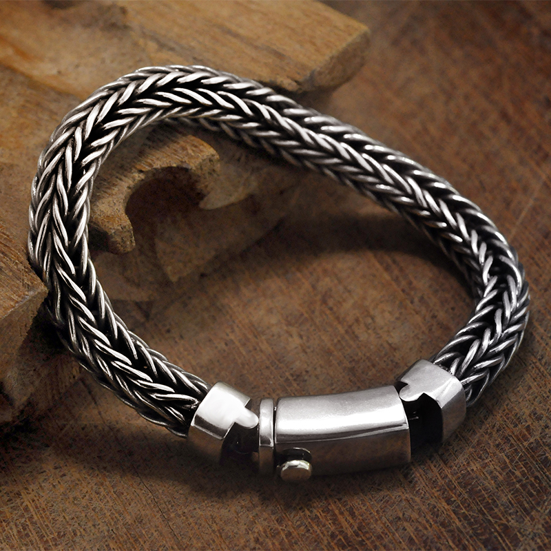 S925 Silver pure hand weaving pure silver bracelet retro - style male personality keel engraved Thai silver bracelet