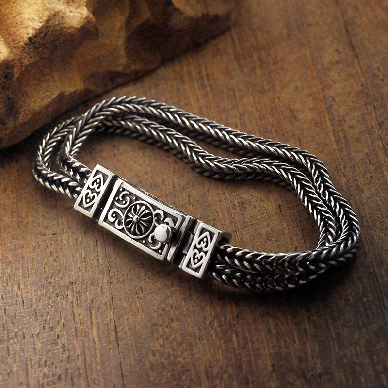 S925 pure silver retro double layer Thai silver Italian import fox tail chain art cross flower tide hand artisan lettering