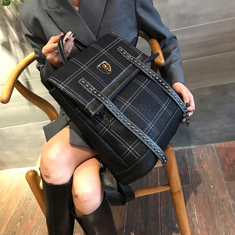 European Standing Art Wind Double Shoulder Bag Women 100 Hitch Dark Ensemble Bag Genuine Leather Casual Large Capacity Plaid Bag Woman Bag