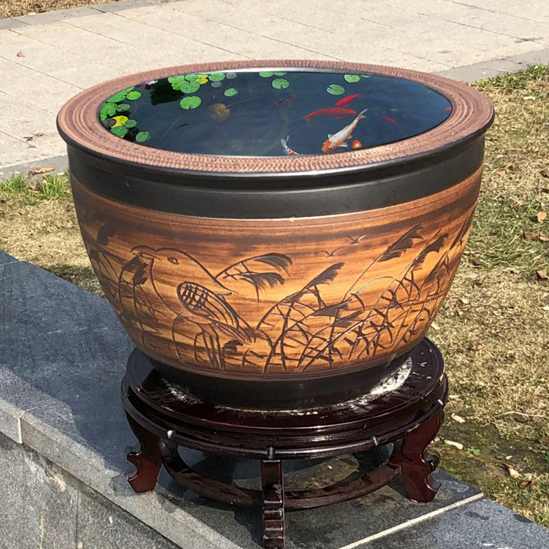 Jingdezhen Ceramic Fish Bowl Living Room with Goldfish Turtle Bowl Lotus Painting Balcony Household Water Balcony