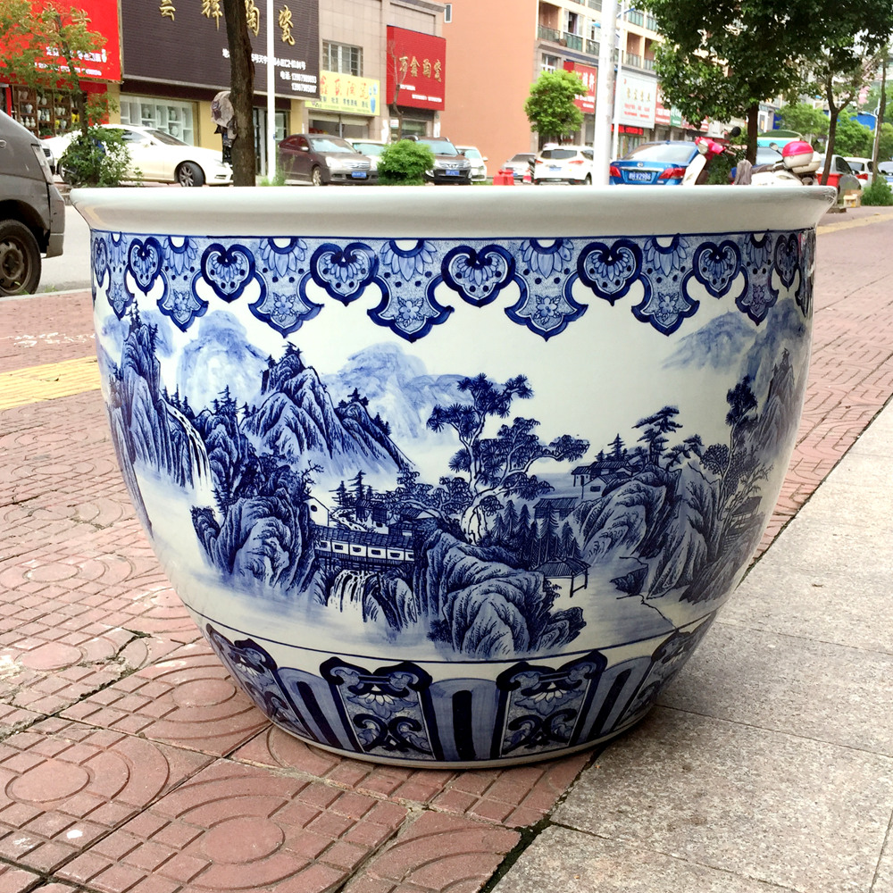 Jingdezhen ceramic blue and white large water tank 1 meter lotus koi tank goldfish tank backyard garden water lily tank