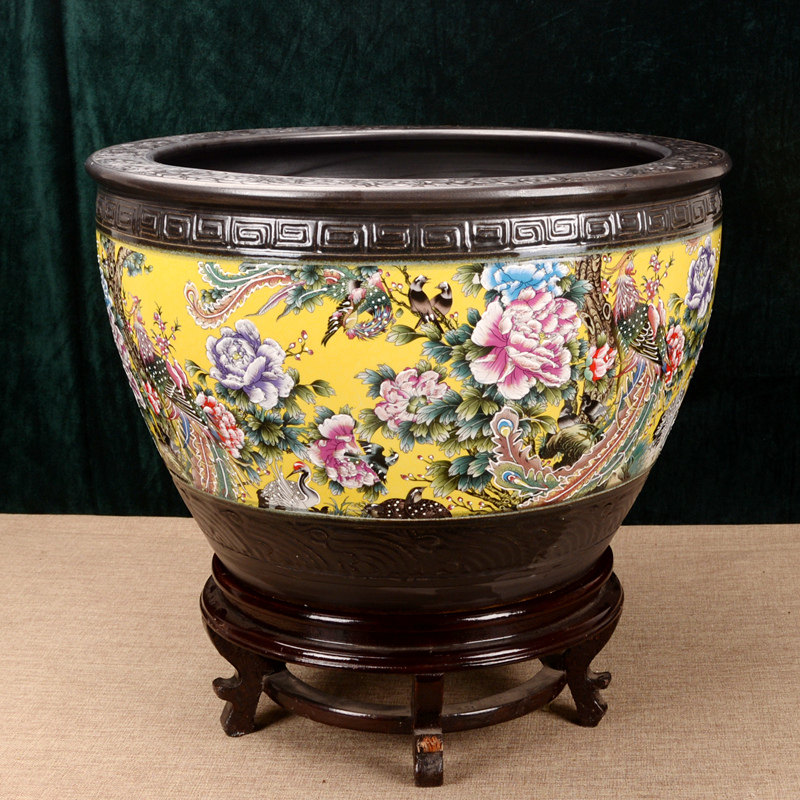 景德镇陶瓷器青花瓷鱼缸金鱼钵喷水加氧喷泉手绘青花山水