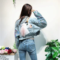 Áo khoác denim ngắn nữ mùa xuân và mùa thu phiên bản Hàn Quốc của công nghiệp nặng sequin kỳ lân quần áo denim bf áo khoác sinh viên shop áo khoác nữ hàn quốc