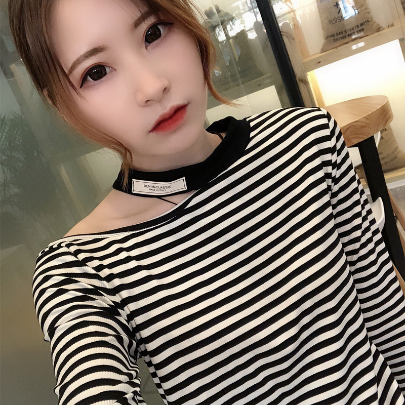 Collarbone T-shirt Woman Long Sleeve Open-shoulder Blouse Striped Beat Bottom Sweatshirt Net Red T-Shirt Tide 2022 Spring Dress New