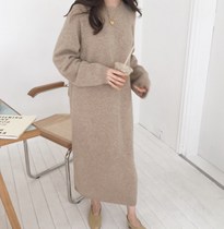 Lazy wind autumn and winter long sweater skirt knee women loose pullover bottomed knitted dress with coat