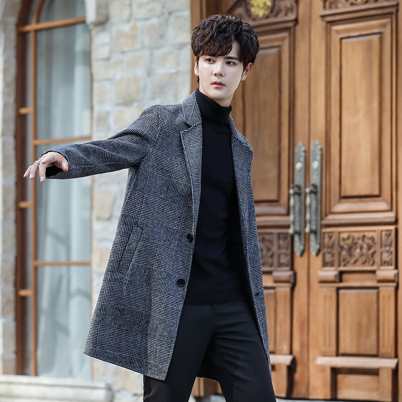 Winter Thousand Birds Plaid large coat men's medium long version of the Korean version of the wool Son Windsuit bifacial cashmere jacket Inlenwind