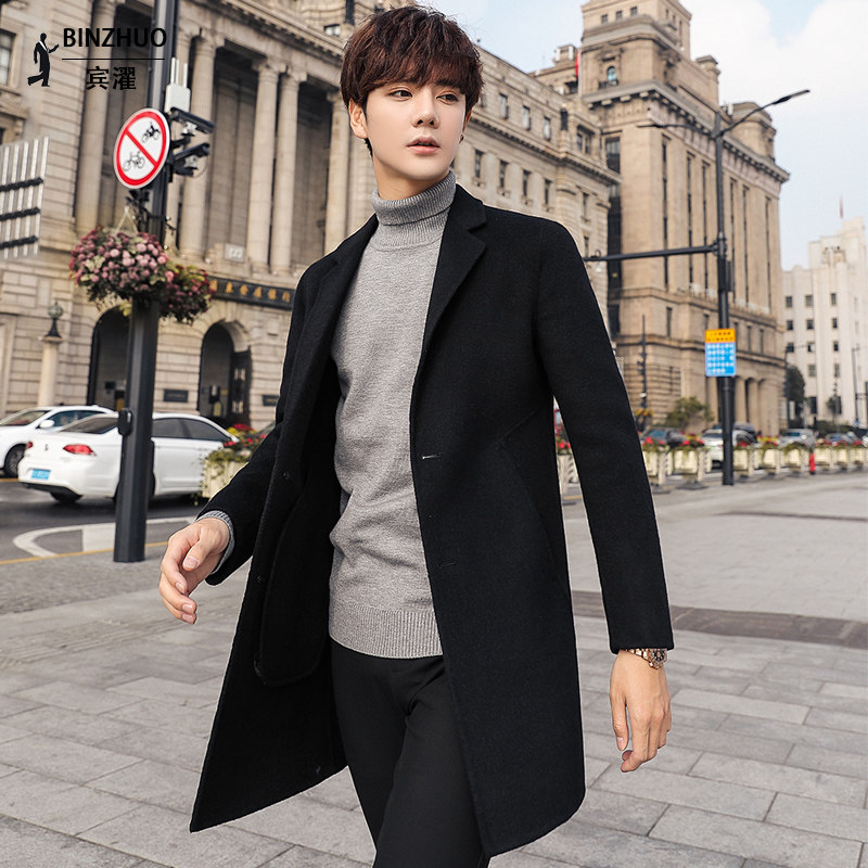Men's windbreaker 2019 new winter double-sided cashmere coat medium and long version Korean trend handsome wool woolen woolen coat