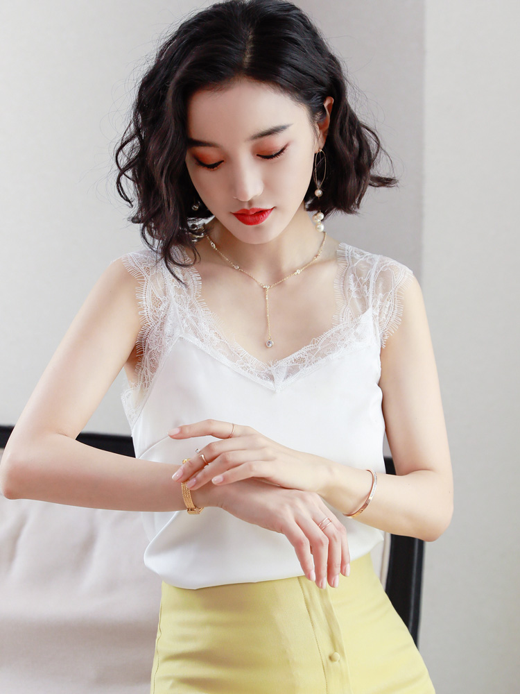 Ren sling vest cô gái trong mùa hè mặc sexy loose-fitting mỏng top ren đen cổ chữ V đáy