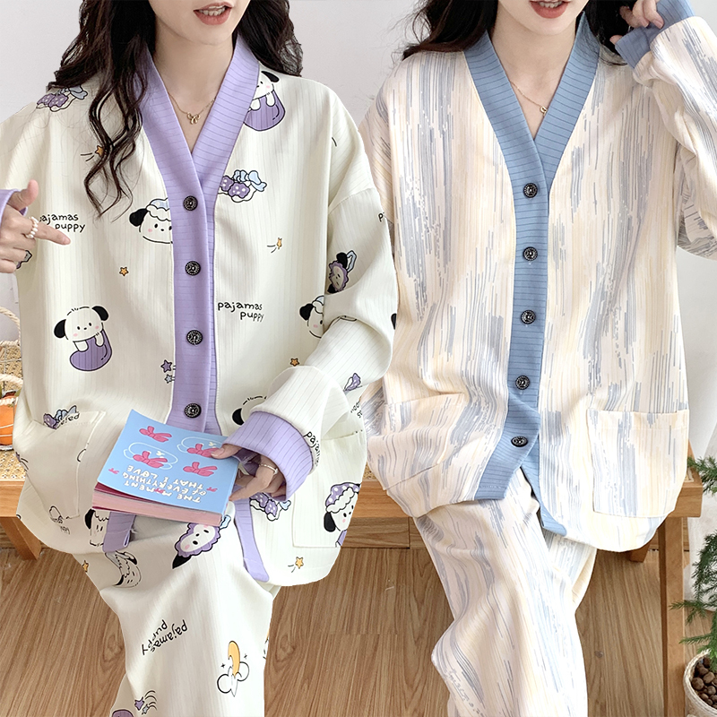 Plus Size Extra Large 150kg Long-Sleeved Pajamas for Women, Spring and Autumn Student Dormitory ins Loose Cardigan Loungewear Set